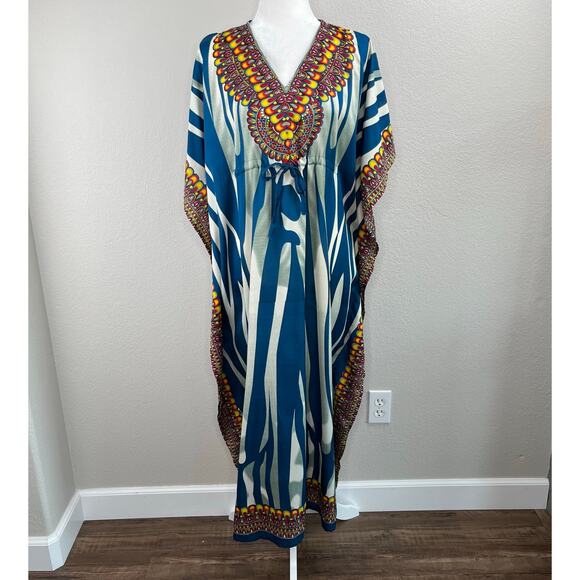 Shoreline Wear Blue Multi Abstract Animal Stripe Cinched Kaftan Midi Dress OS - Picture 14 of 16